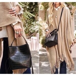 New Aota Elena Crossbody Bucket Bag Black Mock Croc Vegan Leather Rachel Zoe